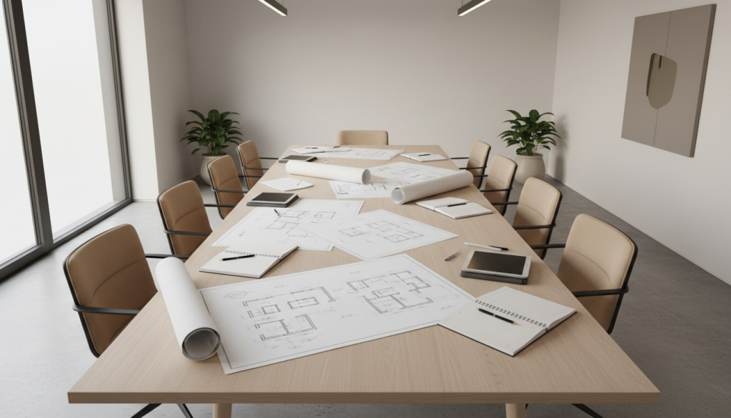Interior design planning setup with drawings and tools for project coordination in Lahore