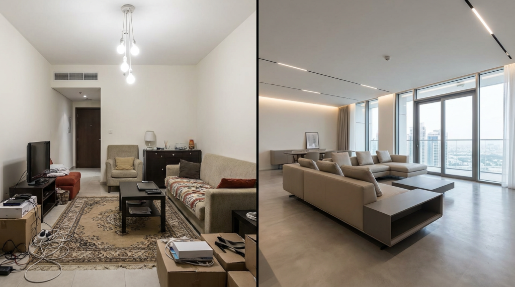 Interior design comparison showing common red flags versus professional interior design results.