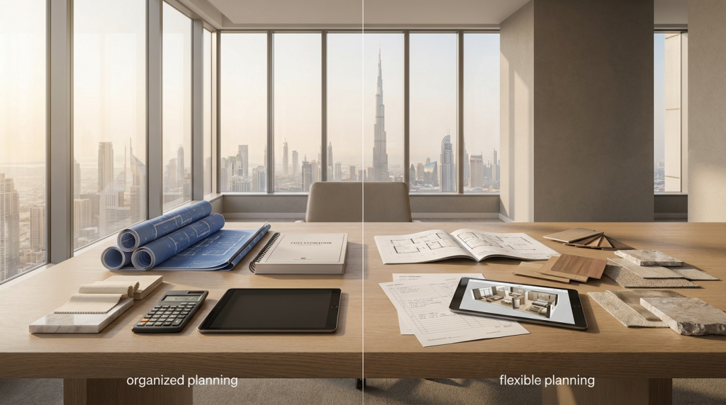 Interior design pricing and budgeting workspace showing cost planning and material selection in Dubai.
