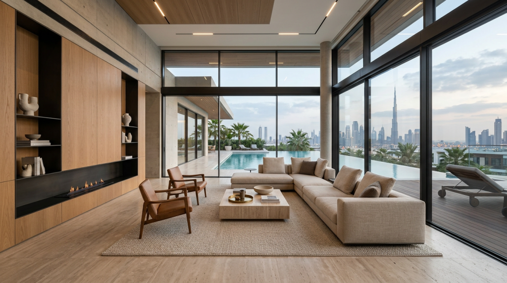 Modern luxury villa interior in Dubai showcasing premium architecture, natural lighting, and minimal high-end design aesthetics