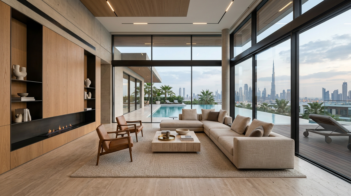 Modern luxury villa interior in Dubai showcasing premium architecture, natural lighting, and minimal high-end design aesthetics