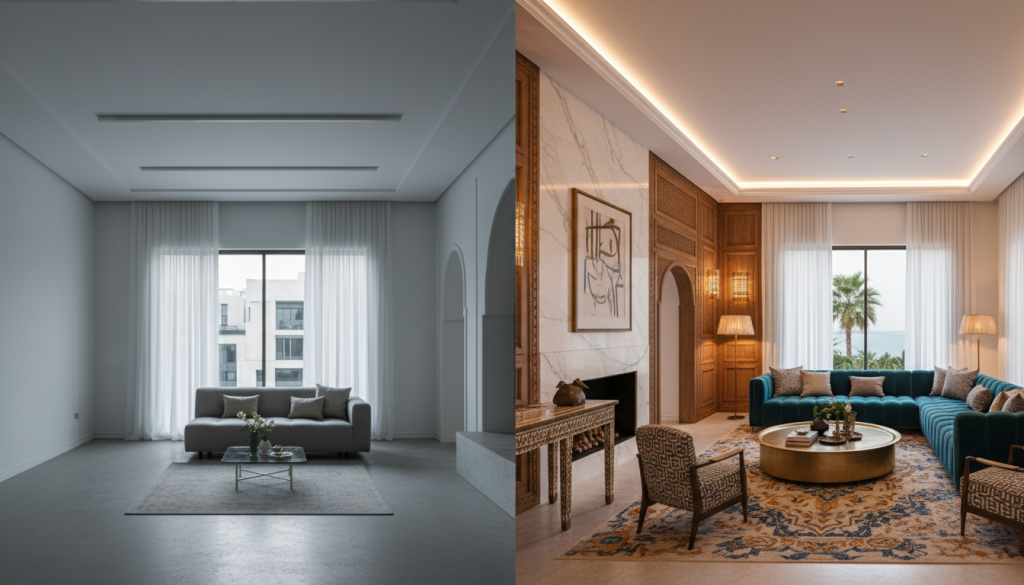 Before and after transformation of a Dubai villa interior showing improved cultural integration, lighting, and spatial harmony