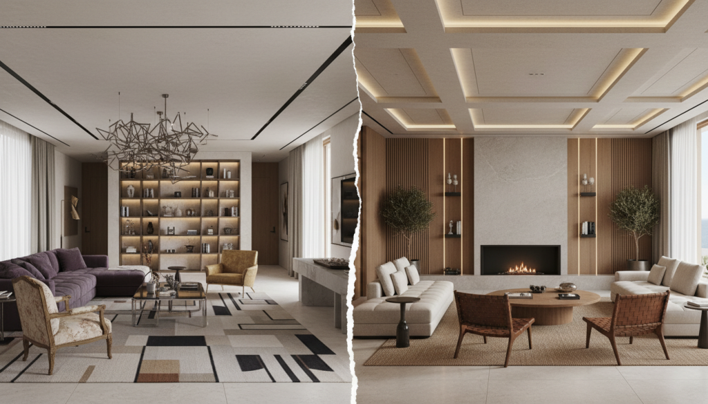 Before and after of a Lahore house interior with improved furniture layout and flow