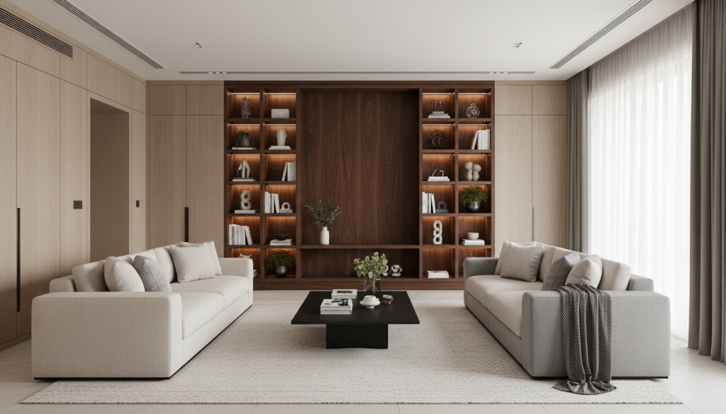 Modern luxury villa open-plan living room in Lahore featuring custom sectional seating, walnut shelving wall, and integrated storage with balanced proportions