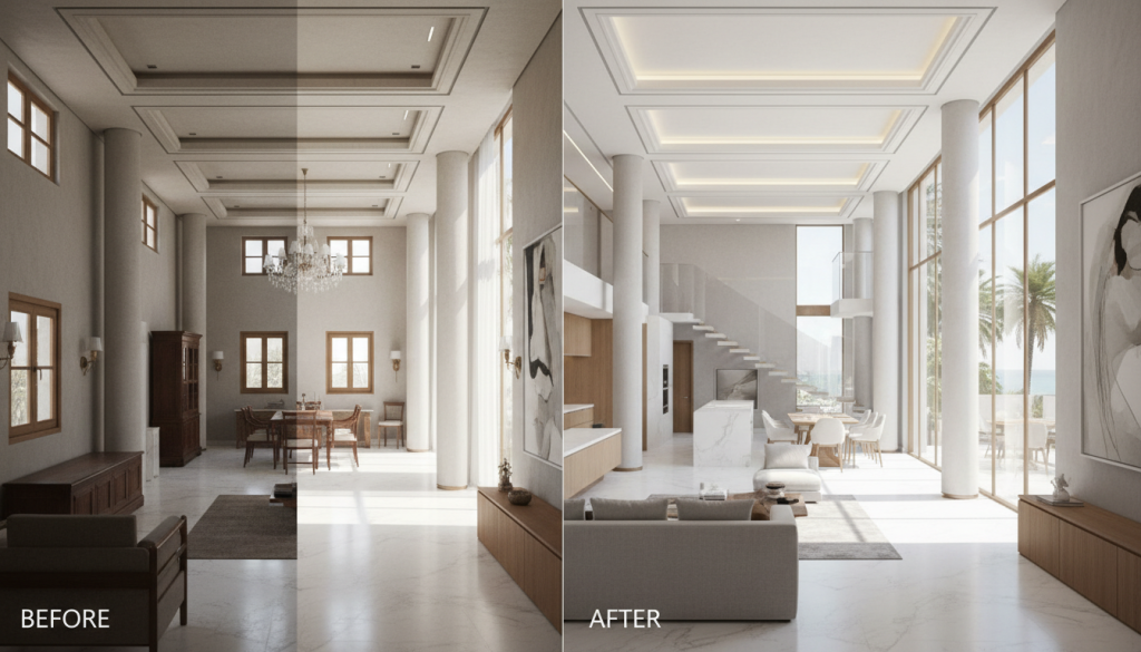 DHA Lahore villa renovation comparison showing transformation from closed layout to modern open design