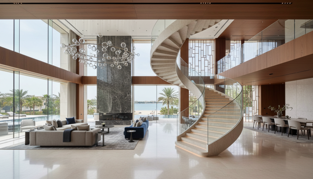 Refined DHA Lahore villa interior renovation with sculptural staircase
