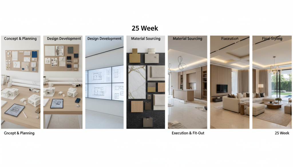 Luxury Lahore villa renovation timeline showing design, sourcing, construction, and final interior transformation from concept to completed modern open-plan home