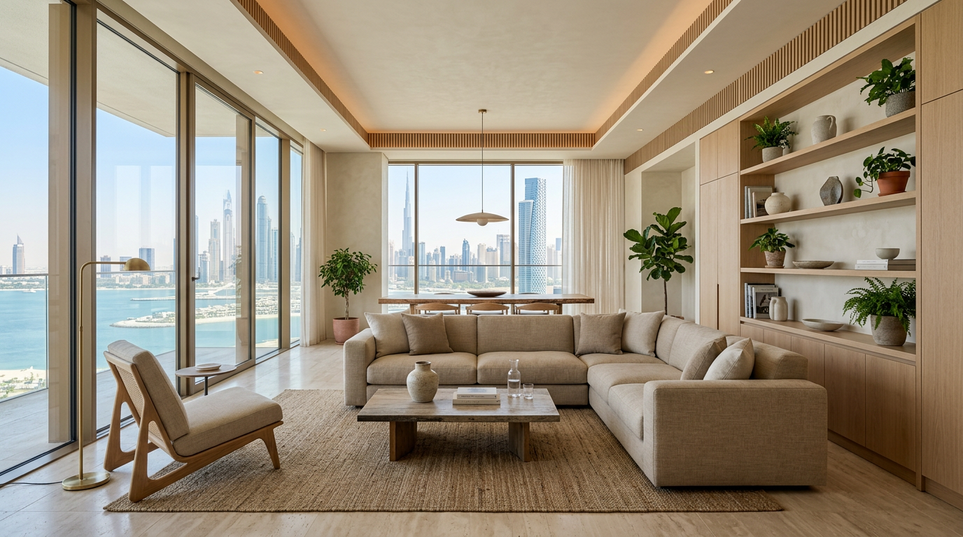 Modern sustainable luxury interior in Dubai with warm natural light, minimalist design, and eco-friendly materials inspired by LEED principles