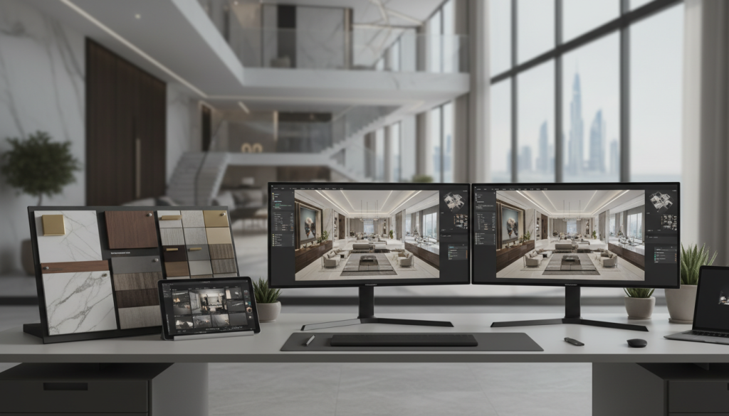Modern interior design workflow showing integration of architecture, materials, and lighting planning