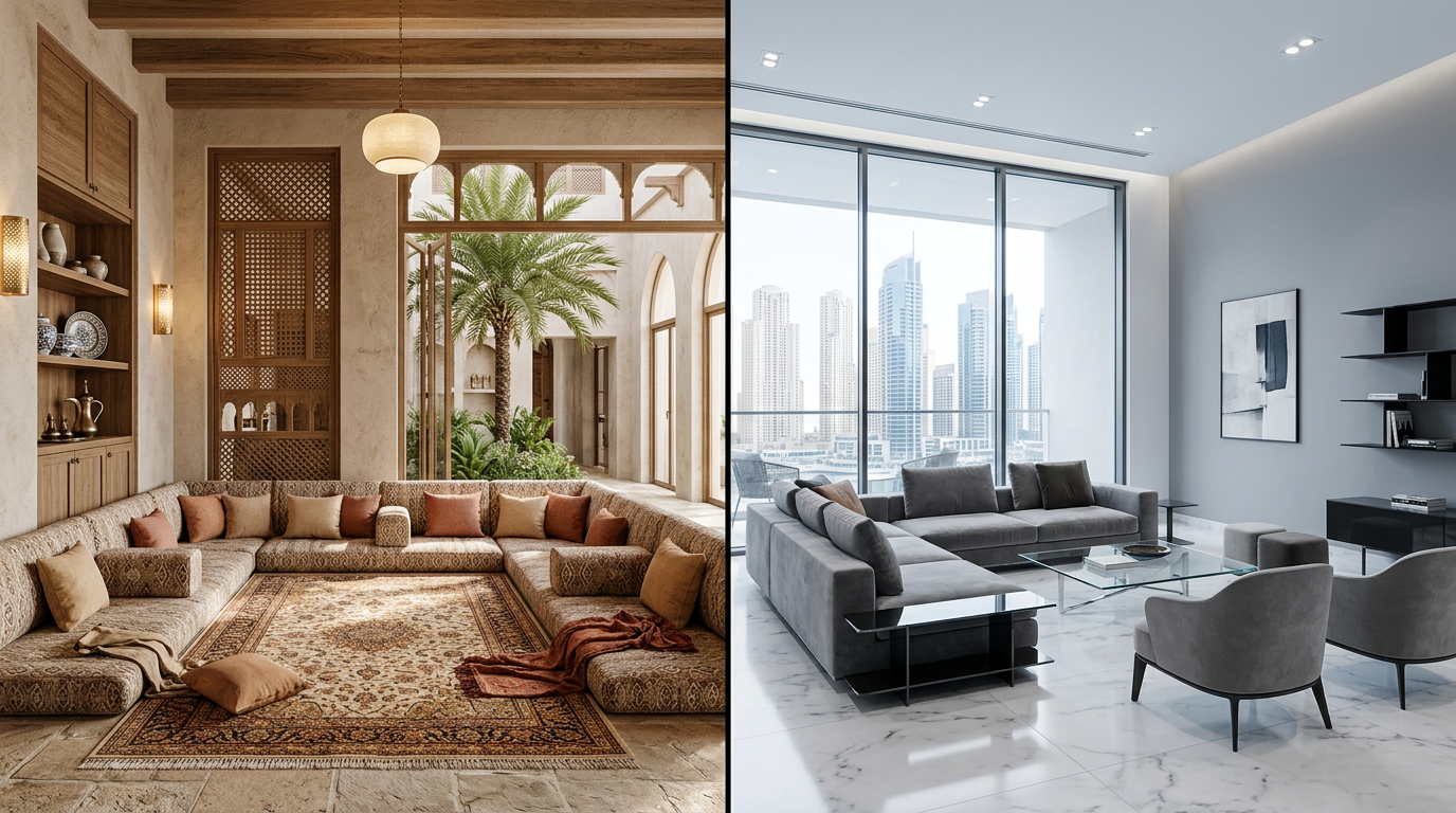 Comparison of culturally inspired Dubai home interior and generic overseas luxury design style