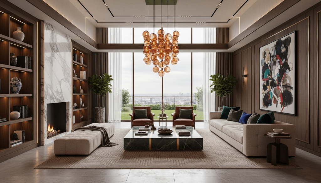 Modern luxury Dubai apartment interior with open-plan living space, natural light, and neutral elegant design.