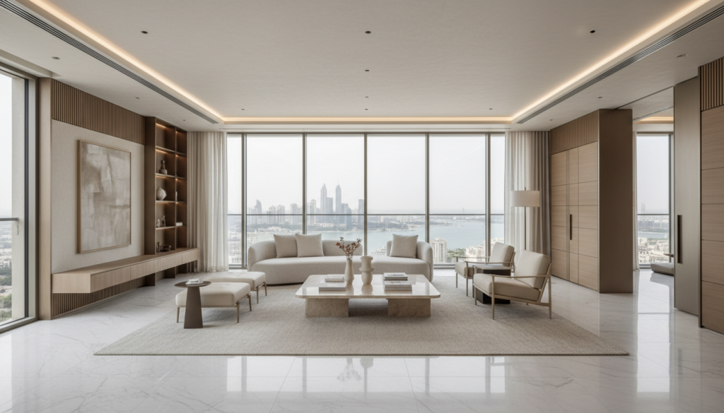 Luxury villa living room in Dubai featuring designer furniture, neutral tones, and premium materials