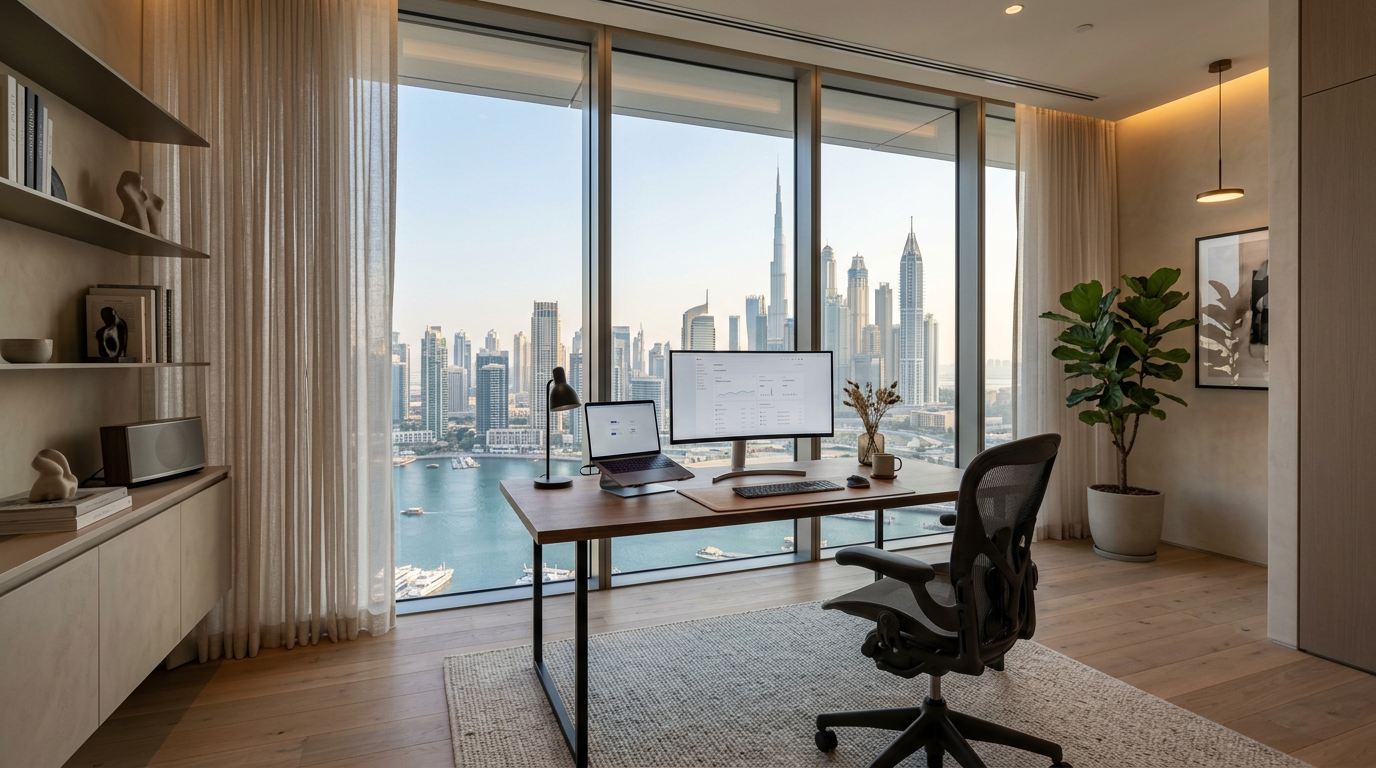 Modern luxury home office in Dubai with minimalist desk, warm lighting, and large windows designed for productivity