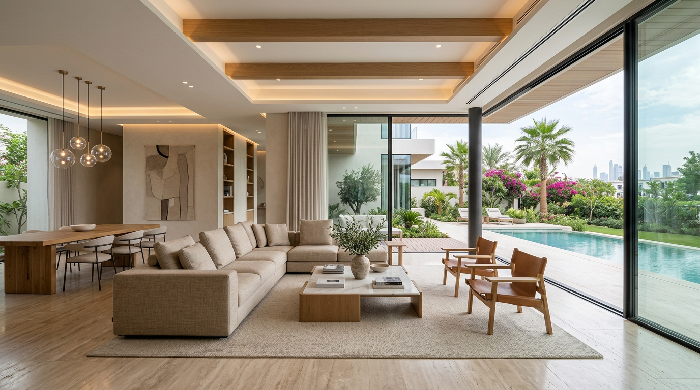 Modern luxury villa interior in Dubai showcasing elegant renovation with open space, natural materials, and architectural lighting