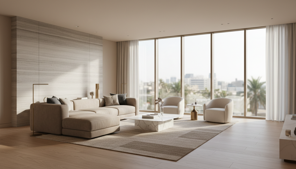 Modern Dubai luxury interior showcasing elegant warm neutral color palette for high-end homes