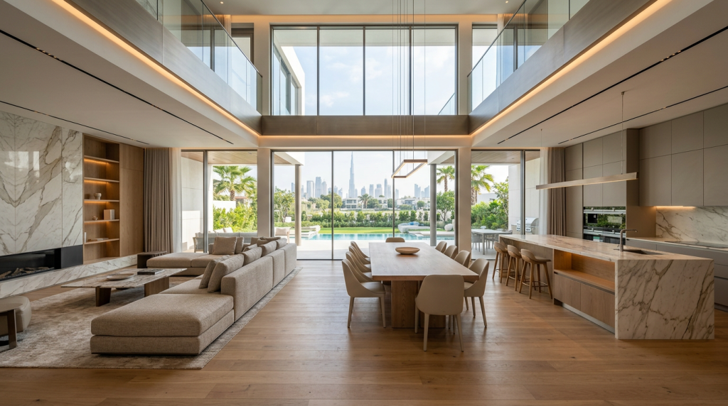 Modern luxury villa in Dubai with glass facade, stone textures, and minimalist architectural design at dusk