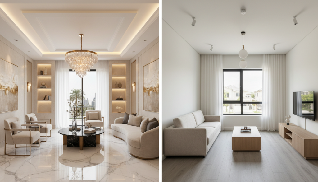 Comparison of luxury and mid-range interior design styles in Dubai homes.