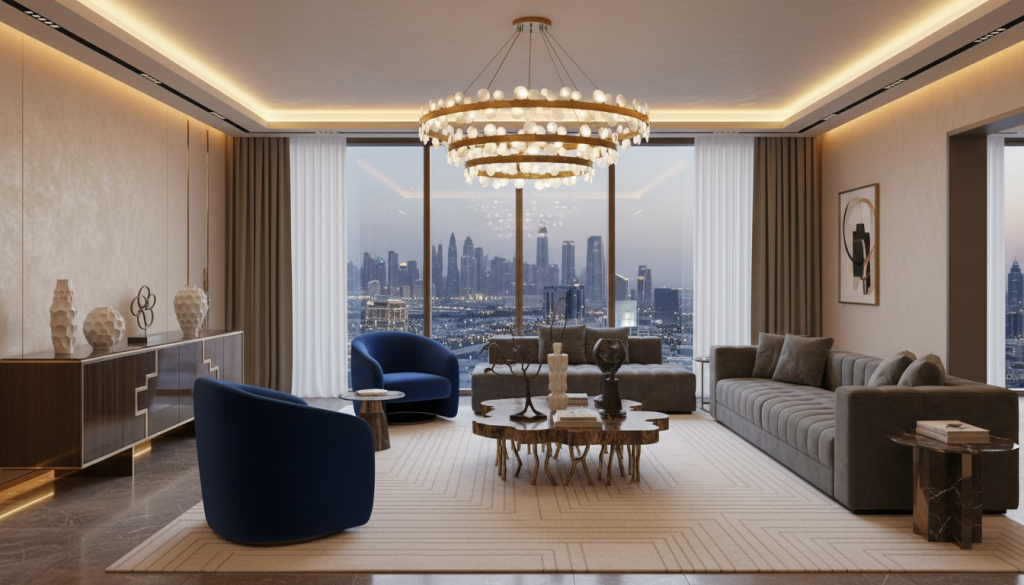 Luxury living room with statement furniture pieces, rich textures, and artistic interior styling