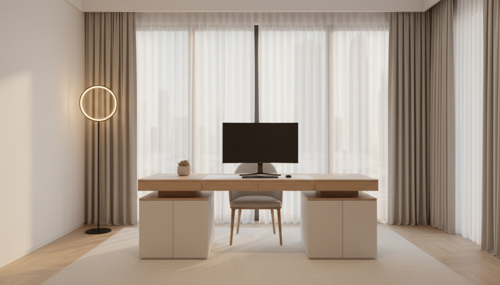 Minimalist home office setup in a Lahore apartment with clean desk and clutter-free design for better focus