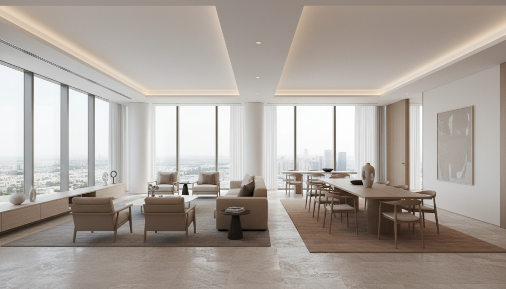 Modern minimalist luxury interior in Dubai featuring open space, natural light, and neutral tones
