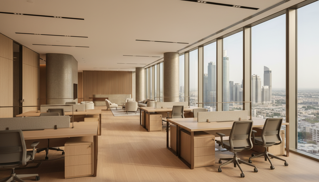 Modern high-end commercial office interior in Dubai featuring open workspace, natural light, and skyline views