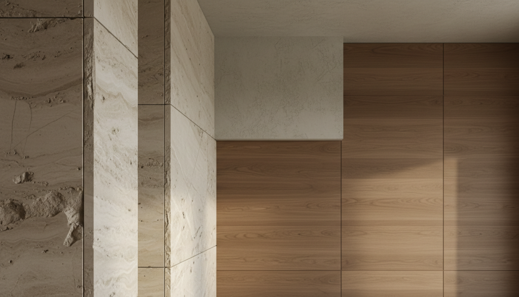 Modern Lahore interior showcasing natural stone, wood and textured finishes in a luxury renovation