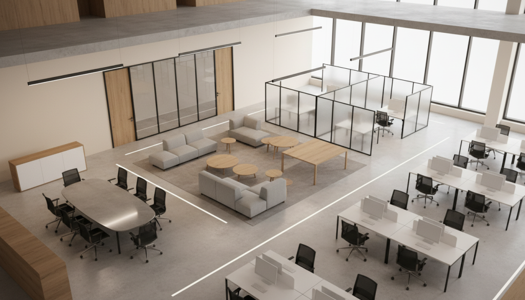 Modern office space planning layout showing zoning for collaboration, meetings, and focus areas in Lahore