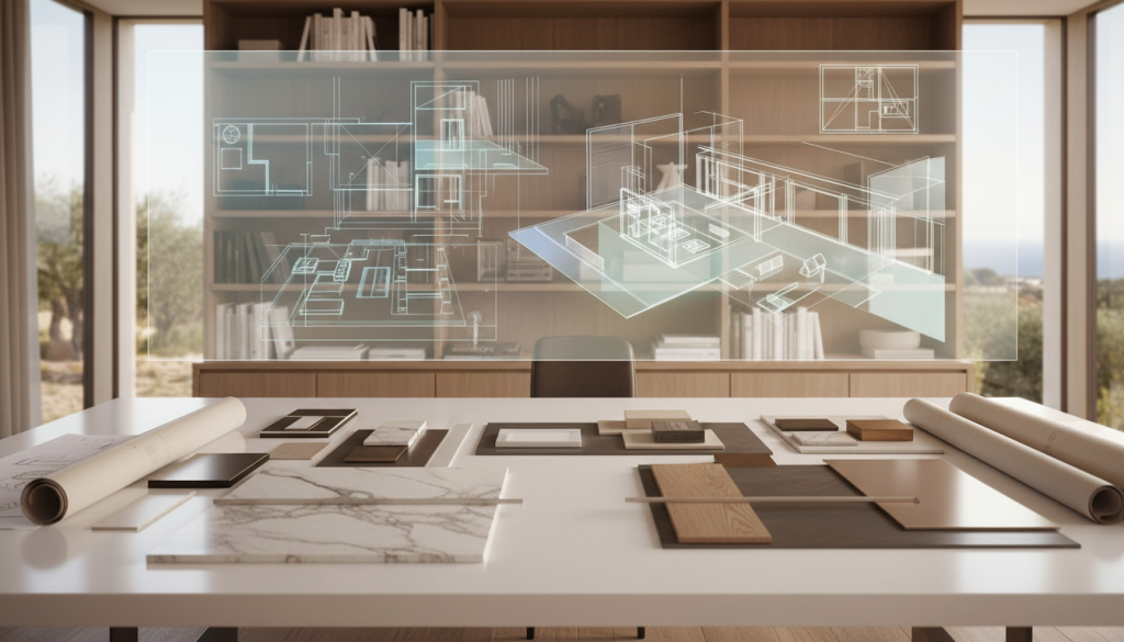 Luxury design process visualisation showing material planning and architectural renovation approach