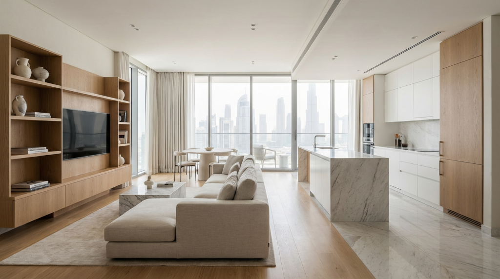 Modern Dubai apartment interior showcasing efficient residential interior design and space optimization.