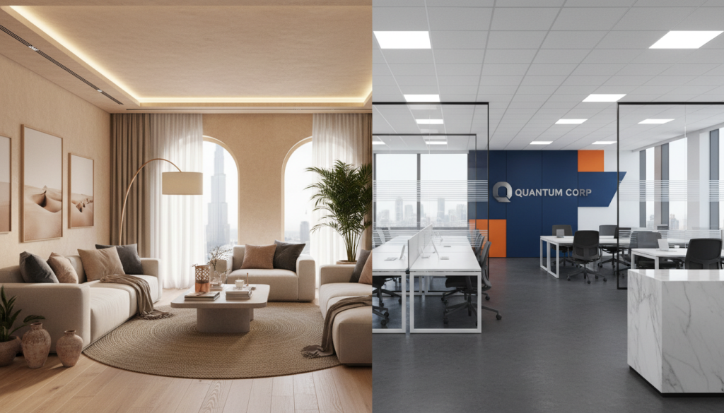 Comparison of personalised home interior and brand-focused commercial office design in Lahore