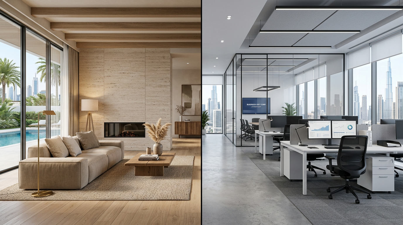 Split view of luxury Dubai home interior and modern office space showing difference between residential and commercial design styles