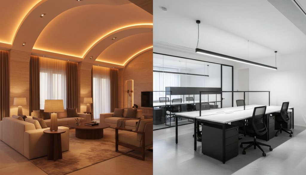 Warm ambient home lighting compared with bright functional office lighting in Lahore interiors