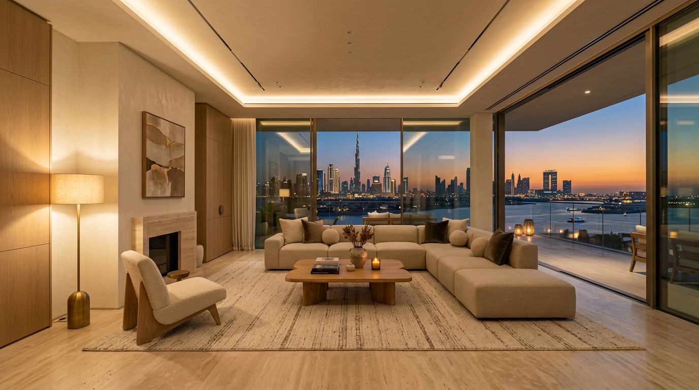 Modern Dubai villa interior with smart lighting and hidden home automation system in a minimalist luxury living space