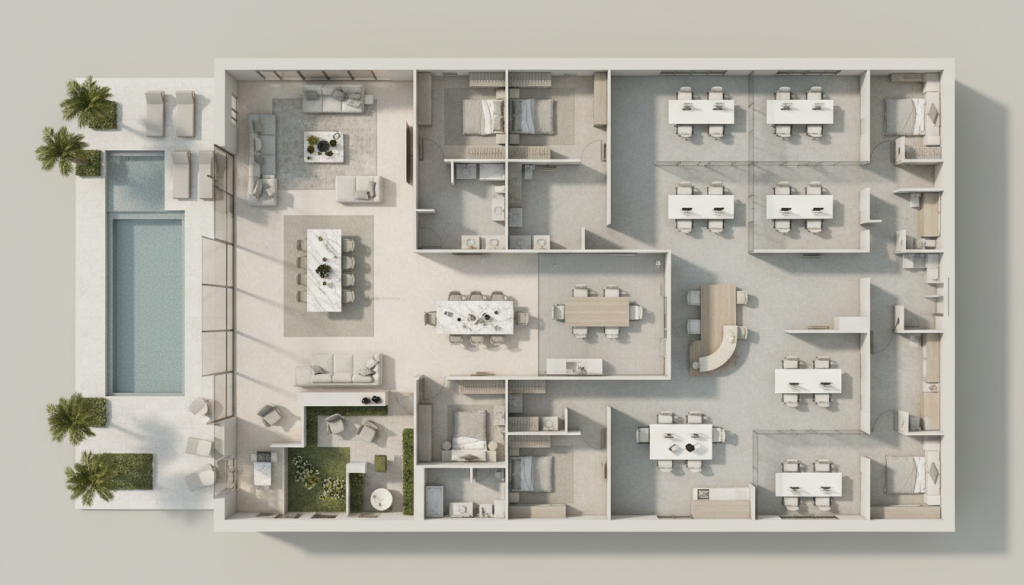 Comparative layout of a Lahore residential villa flow and efficient office space planning