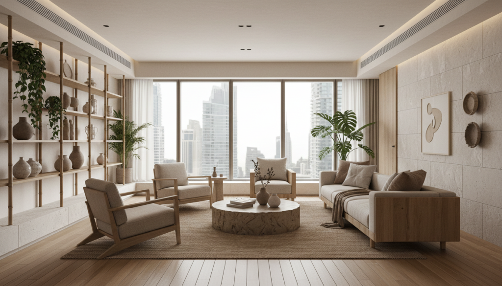 Modern sustainable luxury living room interior in Lahore with natural materials, soft lighting, and minimalist eco-friendly design