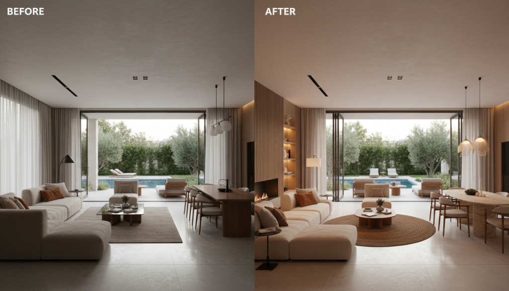 Before and after comparison of a Lahore villa interior redesigned with local expertise