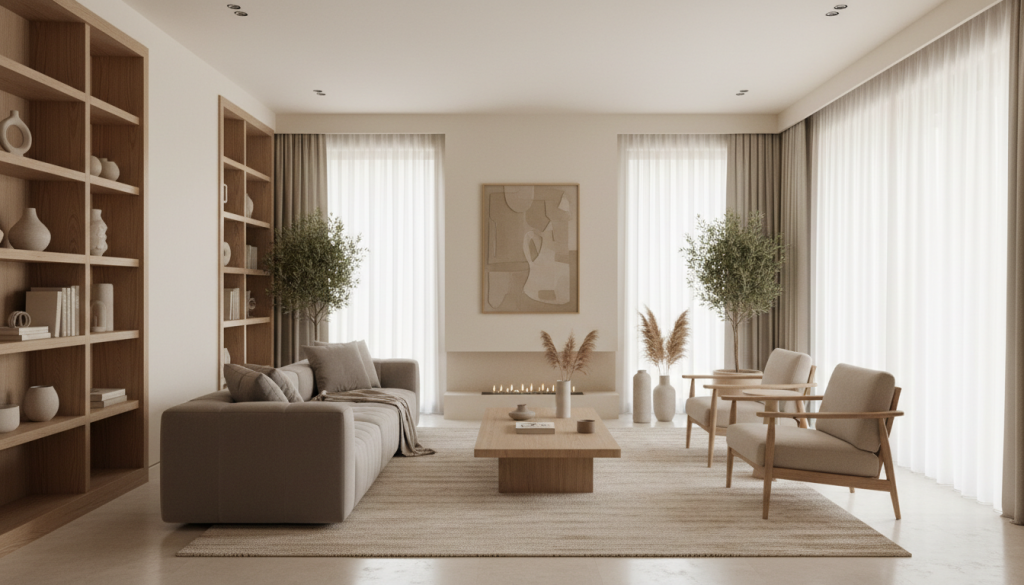 Lahore luxury interior featuring warm neutral tones replacing cold minimalist white design