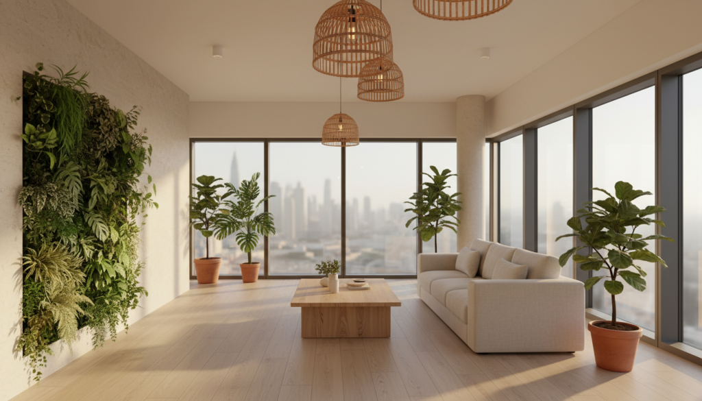 Modern interior illustrating biophilic design with natural light, greenery, and natural materials in a Lahore home