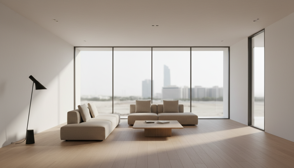 Minimalist interior design in Lahore with clean lines, neutral tones, and open modern space, minimalist interior design Lahore