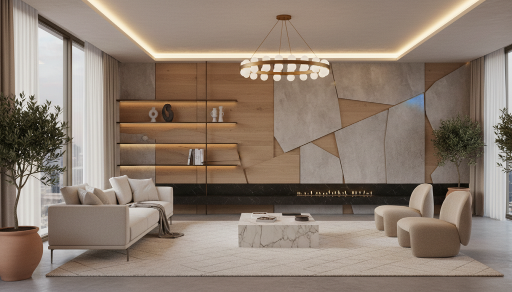 Lahore living room mixing affordable ready-made furniture with custom joinery